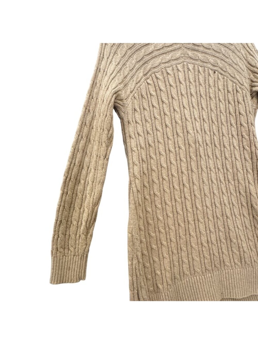 IZOD Cable Knit Long Tan Cardigan Small Country Club Deep V Light Academia BOHO - Picture 8 of 9